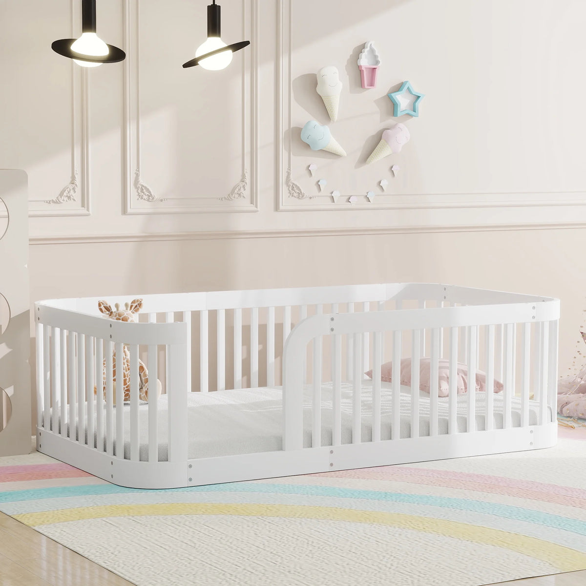 Euroco Twin Size Floor Bed with Fence for Kids Teens and Toddlers, White