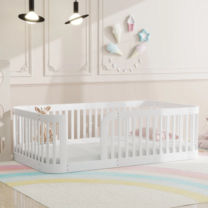 Euroco Twin Size Floor Bed with Fence for Kids Teens and Toddlers, White