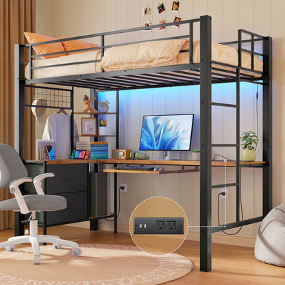 Lofka Twin Loft Bed with L-Shaped Desk, RGB Lights & Charging Station, 400lb Capacity Metal Frame, 3 Shelves & 2 Drawers, Easy Assembly��White