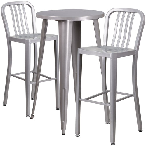 Flash Furniture Earl Commercial Grade 24" Round Silver Metal Indoor-Outdoor Bar Table Set with 2 Vertical Slat Back Stools