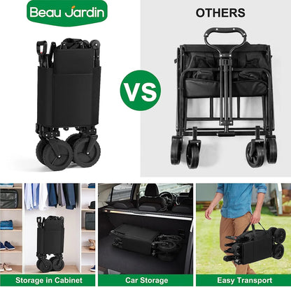 BEAU JARDIN Collapsible Folding Wagon Utility Beach Wagon Cart Foldable Heavy Duty All Terrain Camping Grocery Push Wagon for Sports Garden Shopping Black