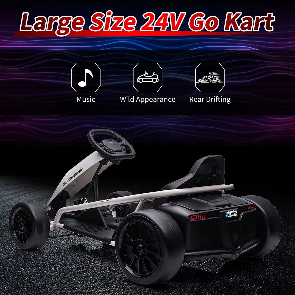 Geetinfly Go Kart for Kids,24V Battery 300WX2 Motors Pedal On Foot Go Cart,8MPH High Speed Drifting Car with Slow Start Function,Music,White