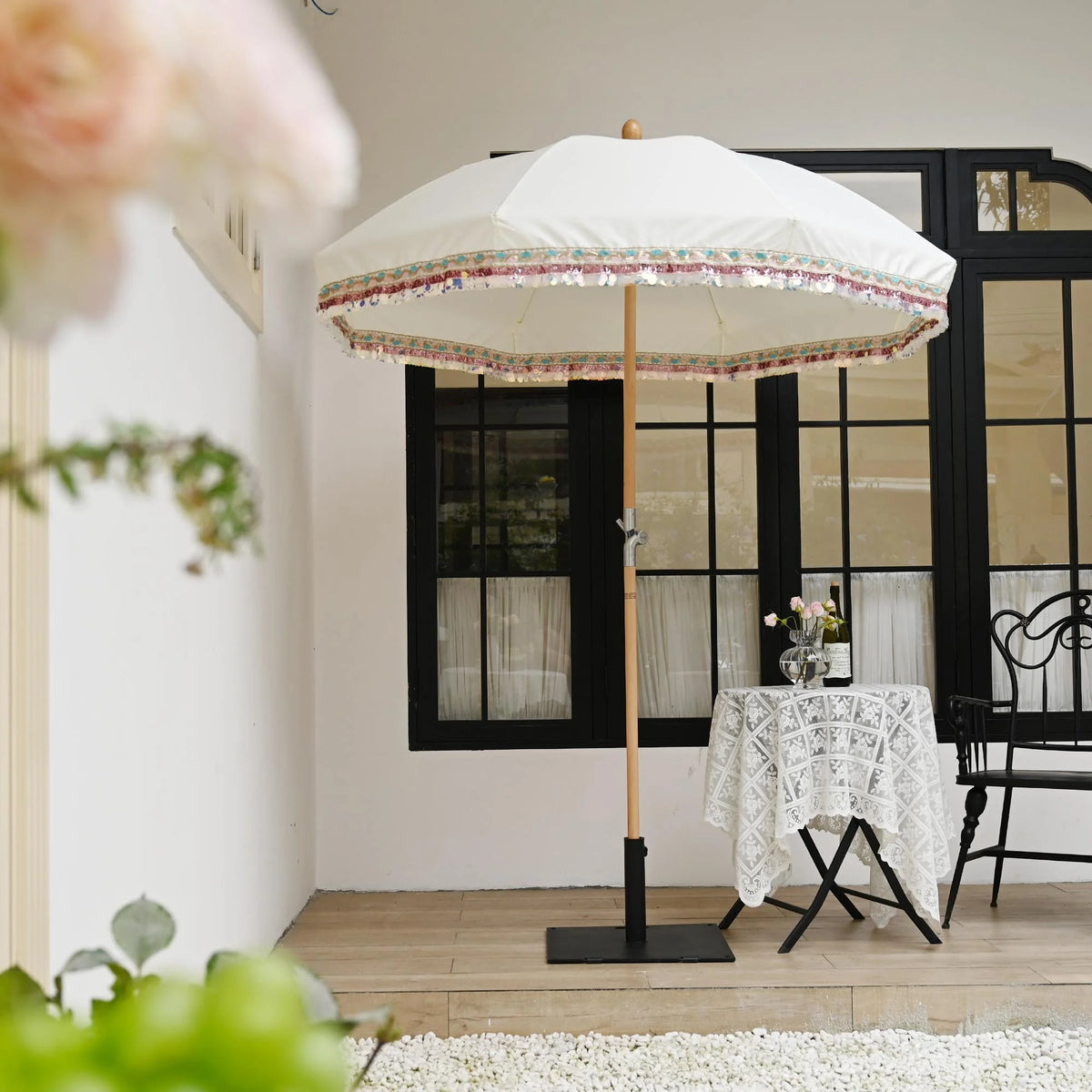 LAGarden 6 Ft Fringe Patio Umbrella with Tassel Jazz Age Wood UPF50+ for Outdoor, Beige with gold tassel,Model: JZ6-01