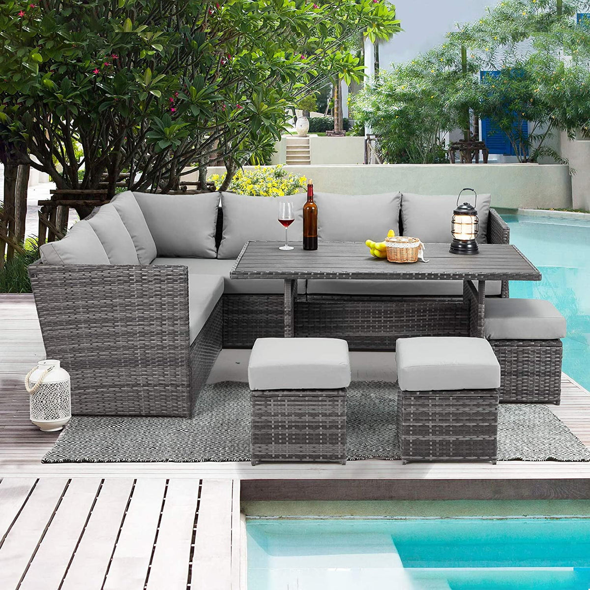 AECOJOY 7 Piece Patio Furniture Set PE Rattan Outdoor Dining Set Sectional Sofa Couch with Table Patio Conversation Set in Gray