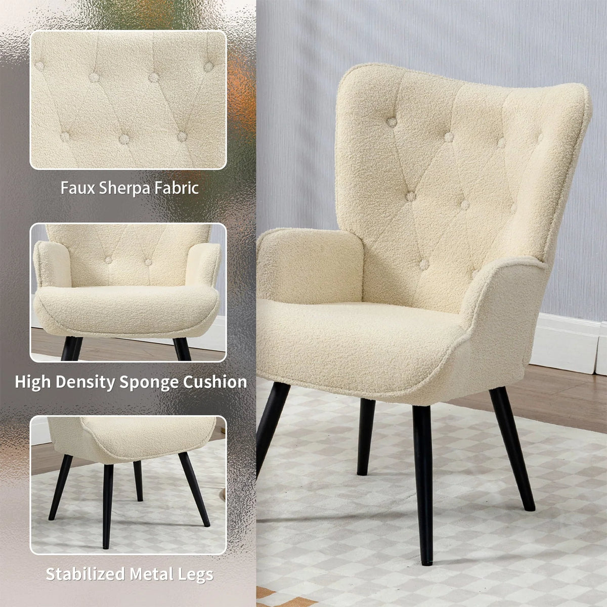Furniliving Tufted Button Wingback Chair Upholstered Sherpa Accent Chair with Wide Arm Modern Leisure Club Chair, Lvory white