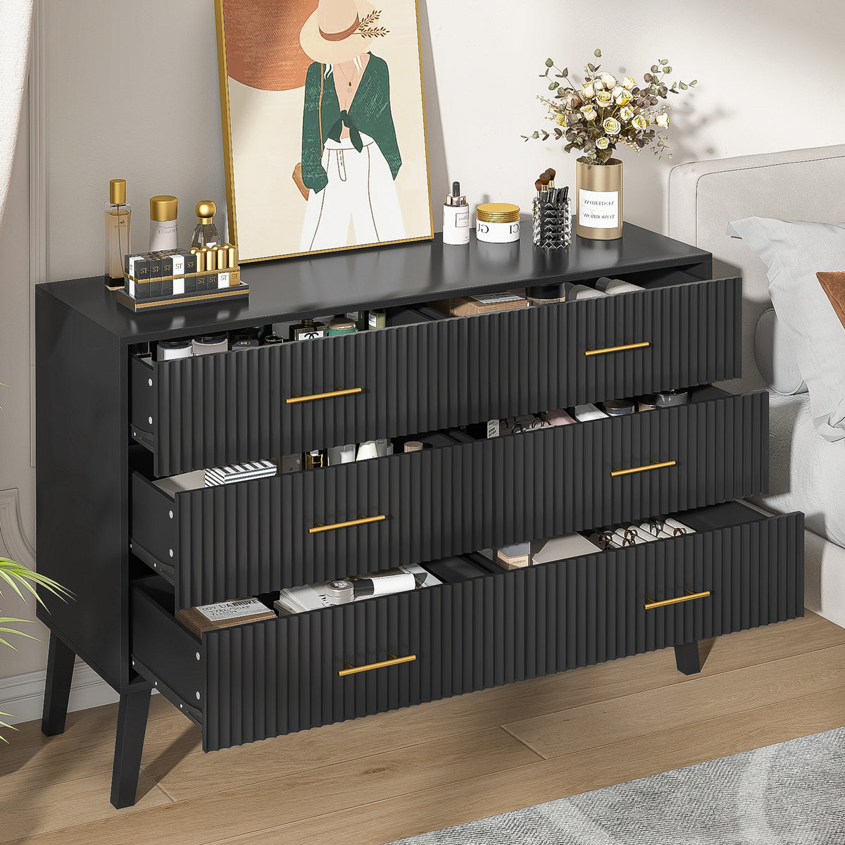 Fluted 6 Drawers Dresser, Wide Modern Chest of Drawers, 6 Drawer Double Dresser
