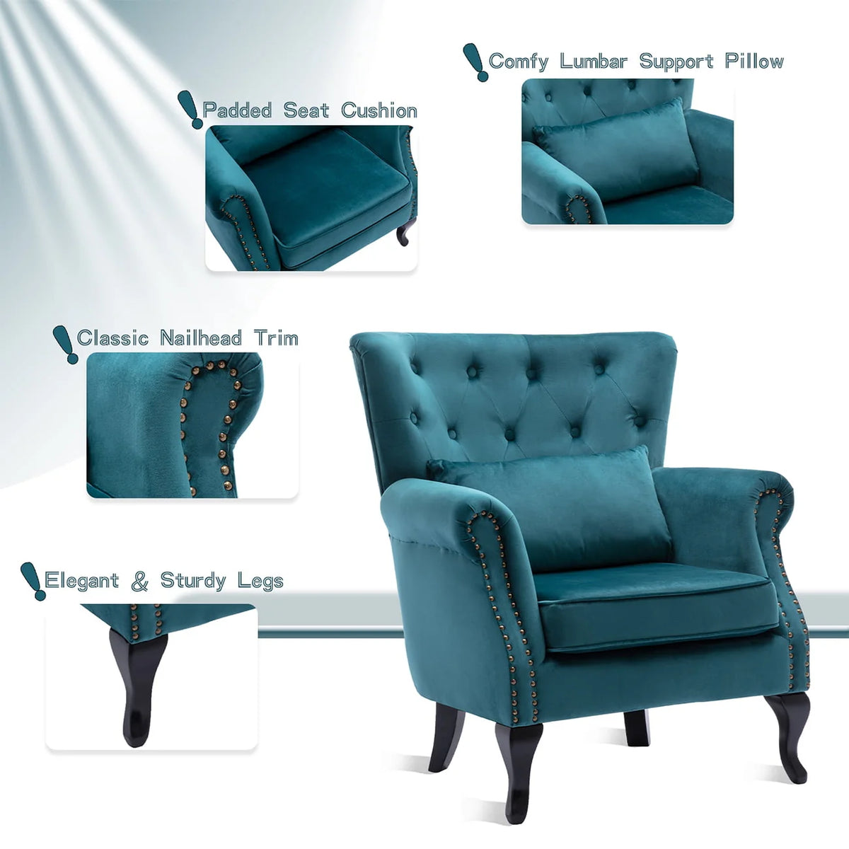 Guyou Mid Century Accent Chair Modern Button Tufted Armchair Wingback Club Chair Velvet Single Sofa Lounge Chair with Pillow for Living Room Bedroom, Teal Blue
