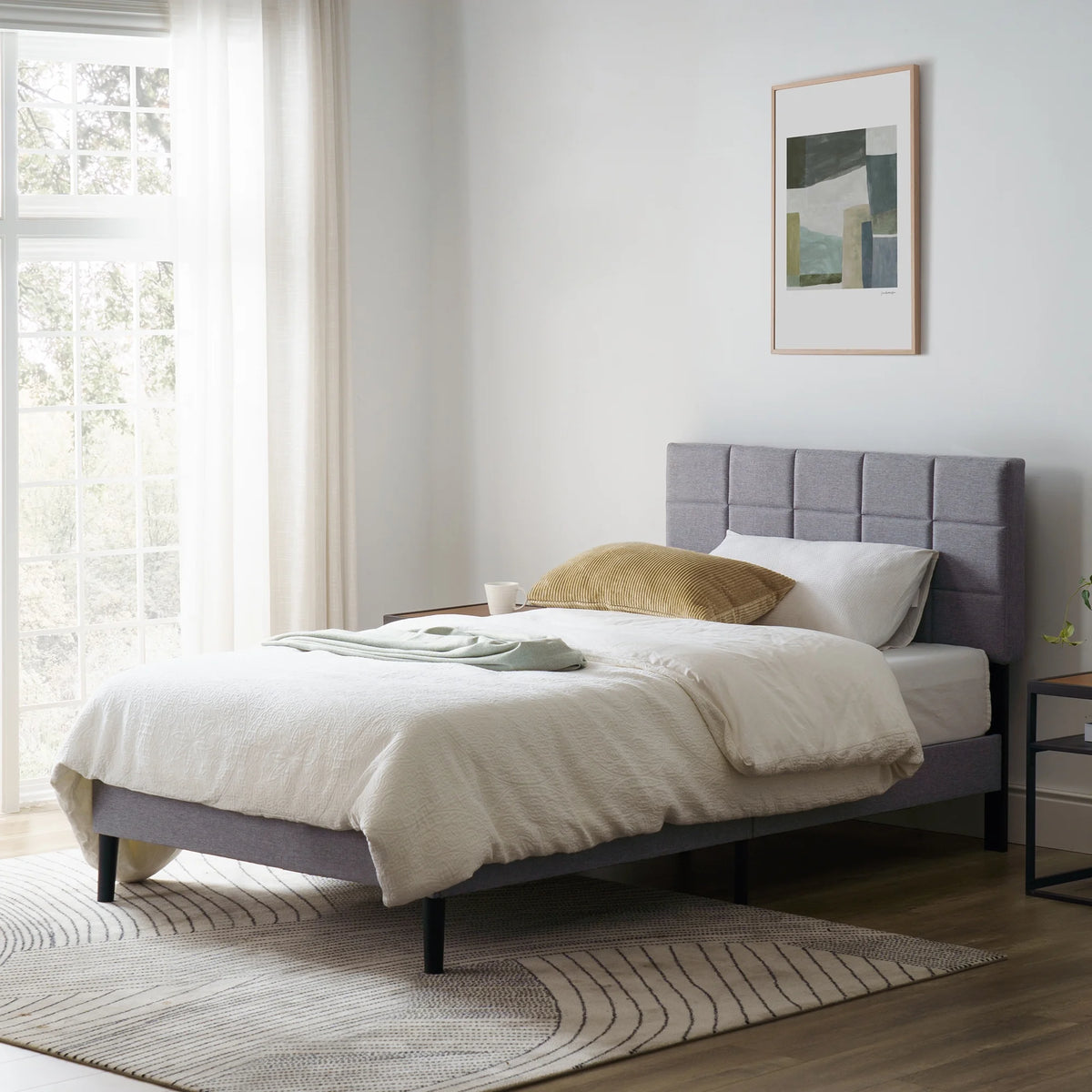 Mainstays Upholstered Platform Bed, No Box Spring Needed, Gray, Queen