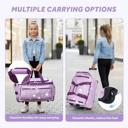 Fegat Dance Bag with Garment Rack,23"Glitter Bright Rolling Dance Duffel Bag Lightweight Competition Bag Costume Suitcase for Dancers Performer Artist, Shine Glitter Purple