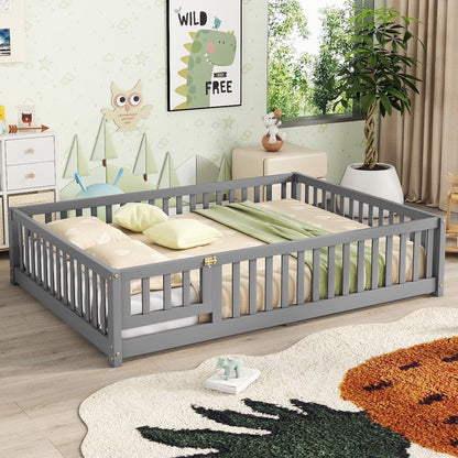 Bellemave Full Size Floor Bed with Door and Fence Floor Bed with Bed Slats Sturdy Wood Floor Bed Montessori Bed Frame (Full, Pink)