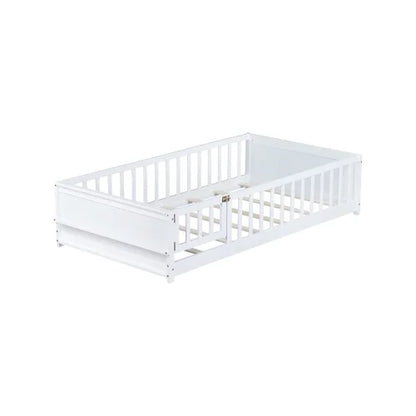 Bellemave Twin Size Floor Bed with Fence, Montessori Floor Twin Bed with Built-in Book Rack, Solid Wood Twin Bed with Slats and Safety Guardrails, Natural