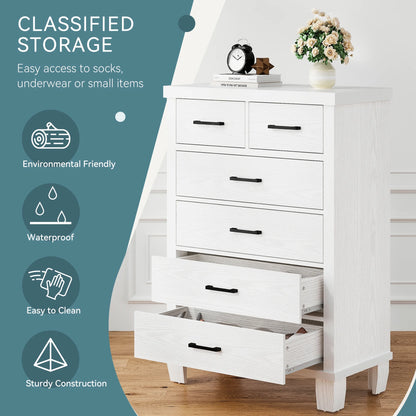 Homhougo White Dresser for Bedroom 6 Drawer, Wood Organizer Storage Cabinet with Gray Strip Drawer Door, Chest of Drawers for Closet, Living Room, Hallway, Nursery, Kids Bedroom