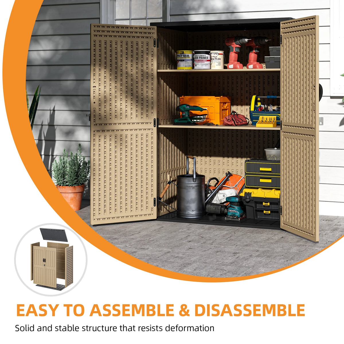 Uforic Outdoor Storage Shed, Vertical Lockable Tool Storage Resin Shed for Garden, Garage, Patio, No Shelves Included, Brown