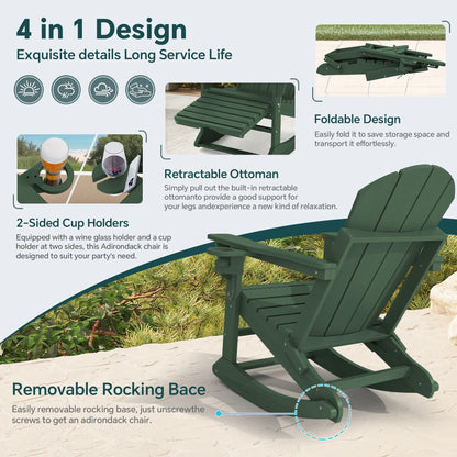 KINGYES Folding Adirondack Rocker Chair Set of 2 W/ Footrest & Dual Cup Holders, HDPE Outdoor Patio Rocking Chair, Black