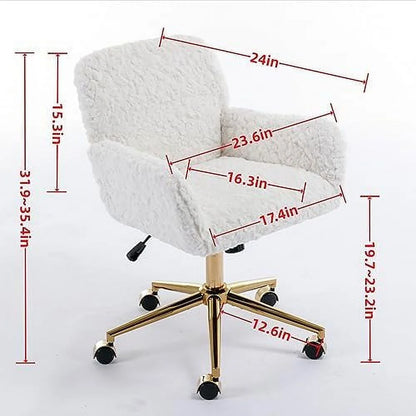 Fluffy Desk Chair,Height Adjustable Vanity Chair with Wheels,Comfortable Faux Fur Desk Chair with goldenn Base, Arm Chair for Bedroom,Living Room,Vanity,Office