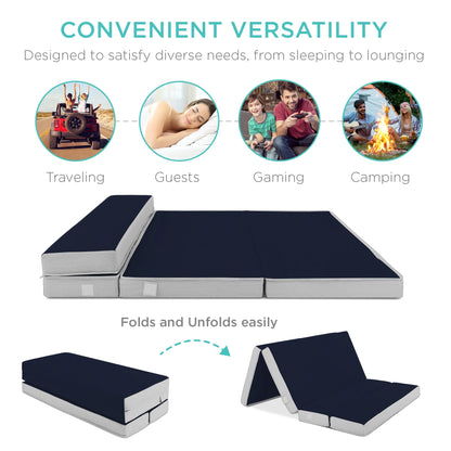 Best Choice Products 4in Thick Folding Portable Twin Tri-Fold Mattress w/ Carry Case, Washable Cover - Midnight Blue