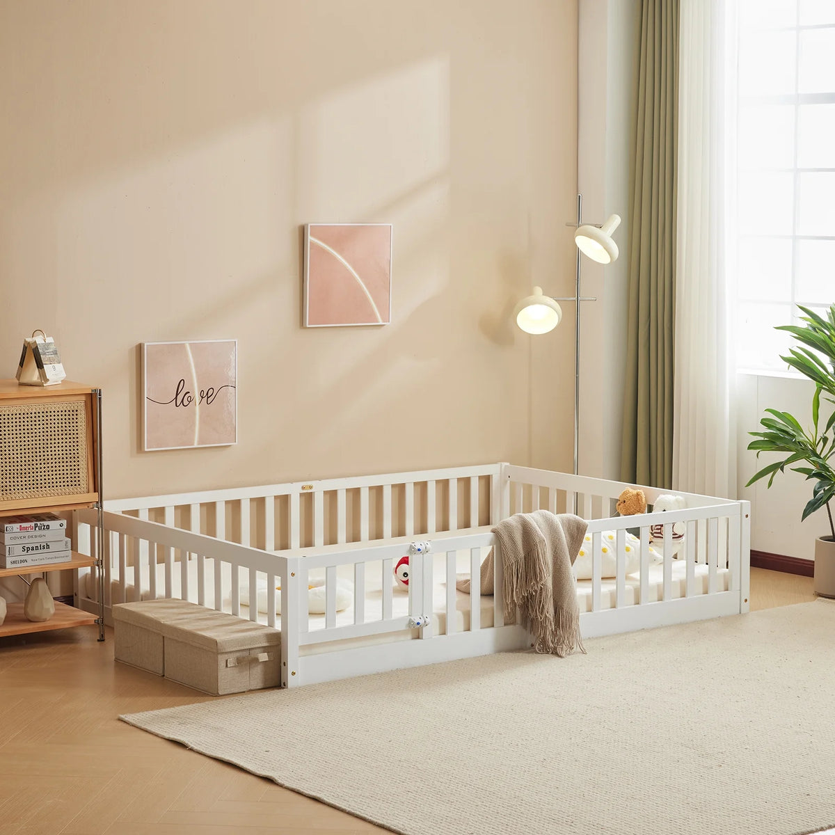 Zimtown Montessori Floor Bed Frame, Full Size Kids Toddler Bed with Fence and Door, Wooden Platform Bed, White