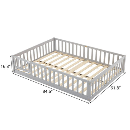 Zimtown Montessori Floor Bed Frame, Full Size Kids Toddler Bed with Fence and Door, Wooden Platform Bed, White