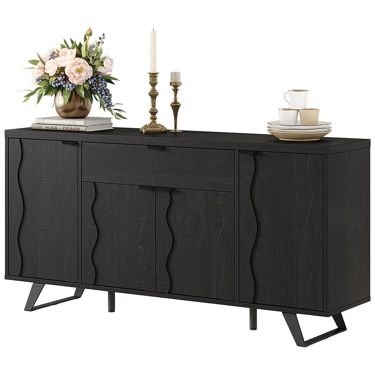 63" Sideboard Buffet Cabinet, Kitchen Buffet Storage Cabinet, Mid Century Modern Storage Cabinet with 4 Doors & Shelves, Wood Coffee Bar Console Wine Bar for Living Room, Kitchen,Hallway,Black