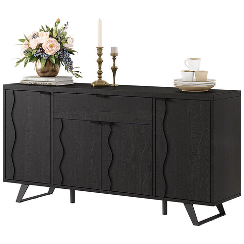 63" Sideboard Buffet Cabinet, Kitchen Buffet Storage Cabinet, Mid Century Modern Storage Cabinet with 4 Doors & Shelves, Wood Coffee Bar Console Wine Bar for Living Room, Kitchen,Hallway,Black