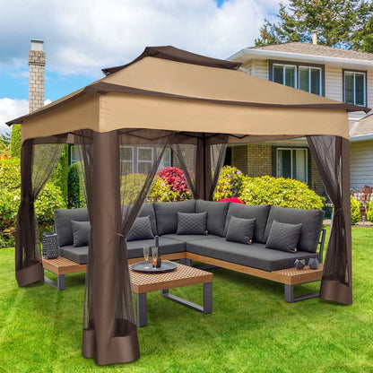 COBIZI 12x12 Outdoor Gazebo Pop Up Gazebo Canopy with Mosquito Netting Patio Tent Backyard Canopy with 2-Tiered Vented Top 3 Adjustable Height, Beige