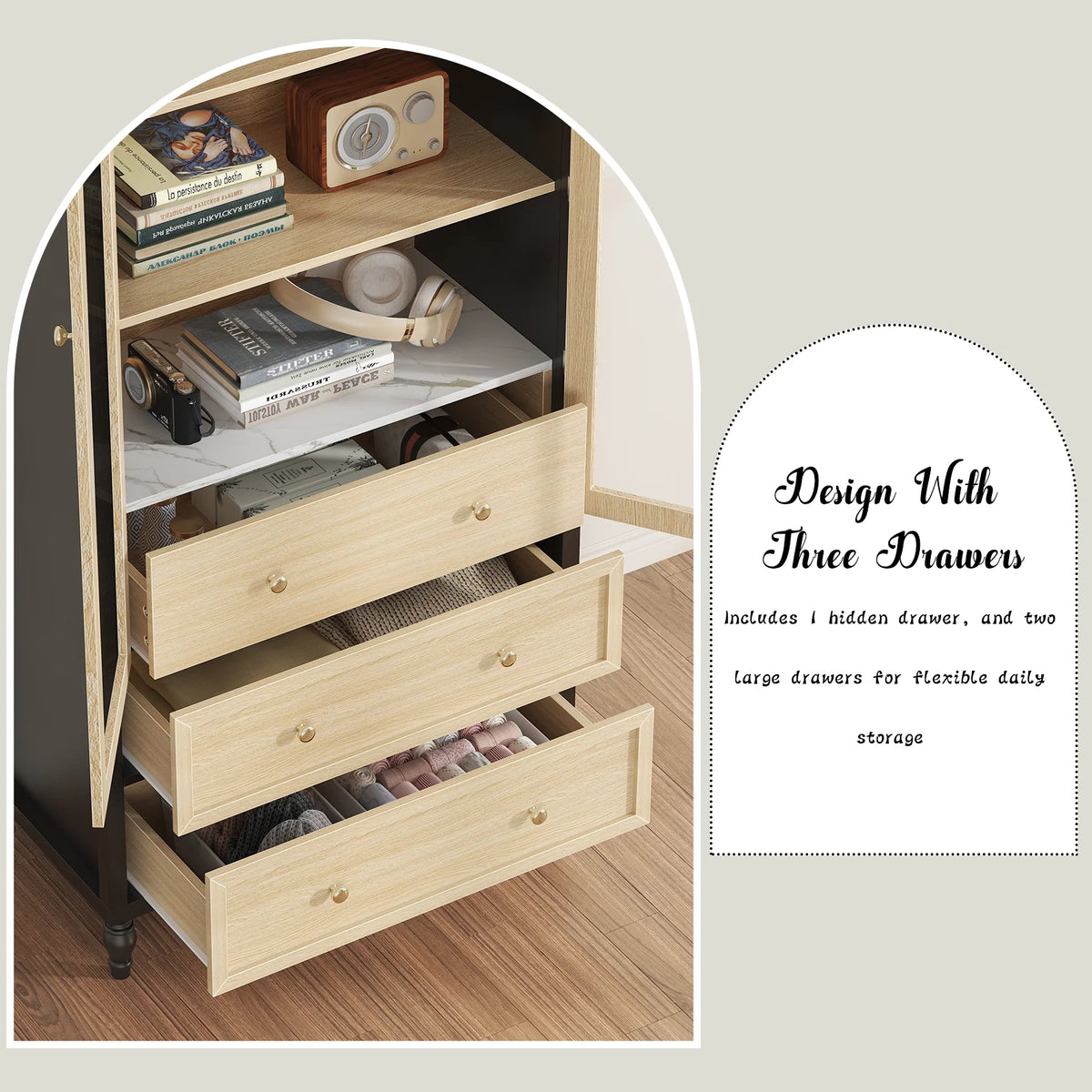 Arched Bookcase, Oak Arched Cabinet with Drawers, 71" Tall China Curio Cabinet, Display Cases for Collectibles, Vintage Bookshelf for Ding Room, Bedroom, Living Room