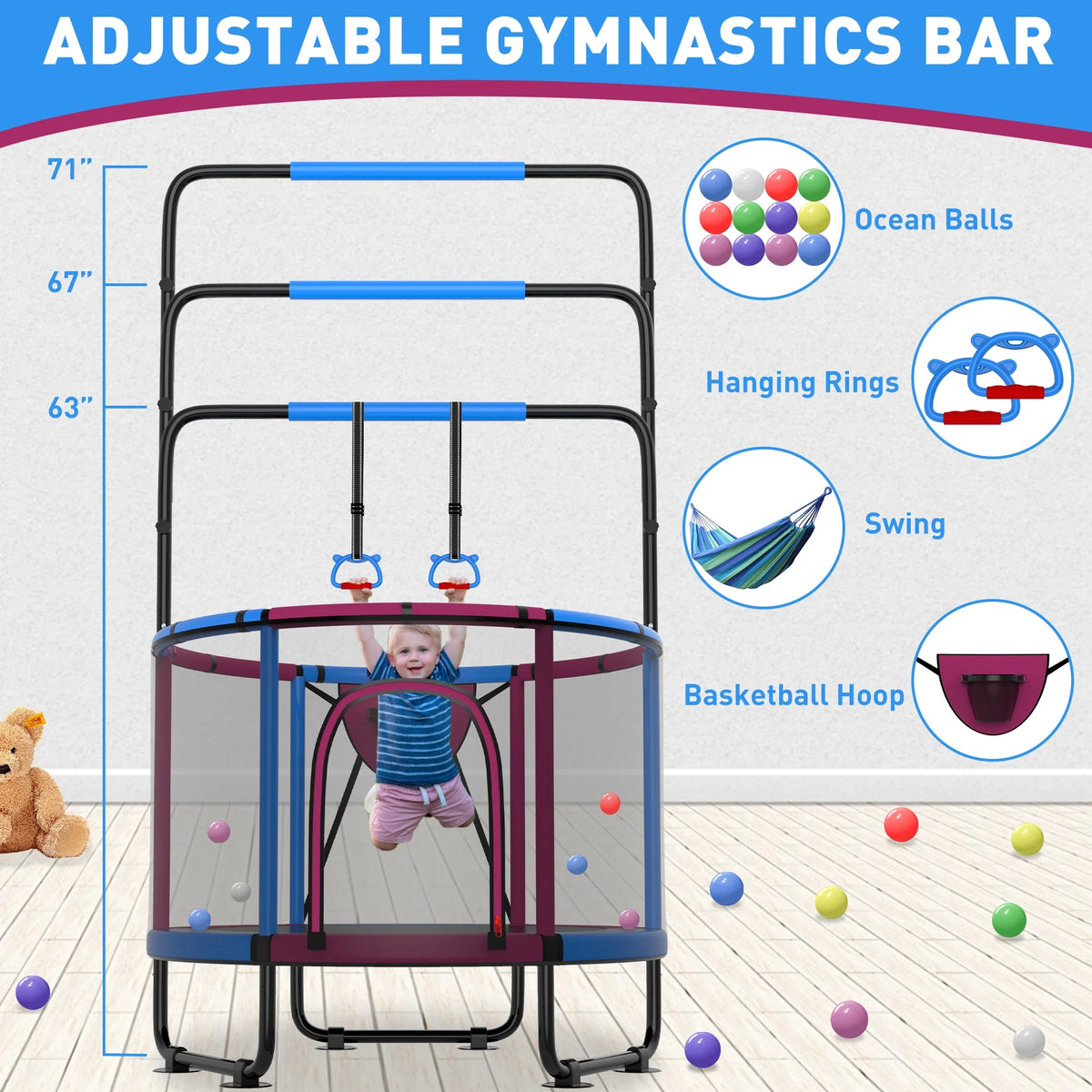 CITYLE Trampoline for Kids 600LBS 60'' 5FT Toddler Trampoline Indoor Outdoor with Basketball Hoop, Swing, Adjustable Bar, Mini Small Trampoline with Enclosure, Gifts for Toddlers, Boys & Girls