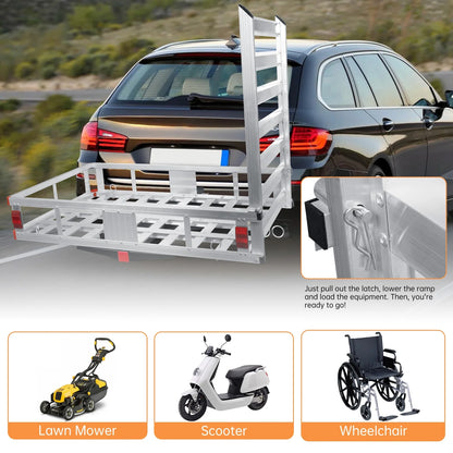 Aluminum Hitch Lift Ramp, 50" Extra Wide Platform, Braced Side Rails, Hitch Mount Loading Ramp, Cargo Carrier with Ramp, Snowmobile Hauler, Farm Equipment