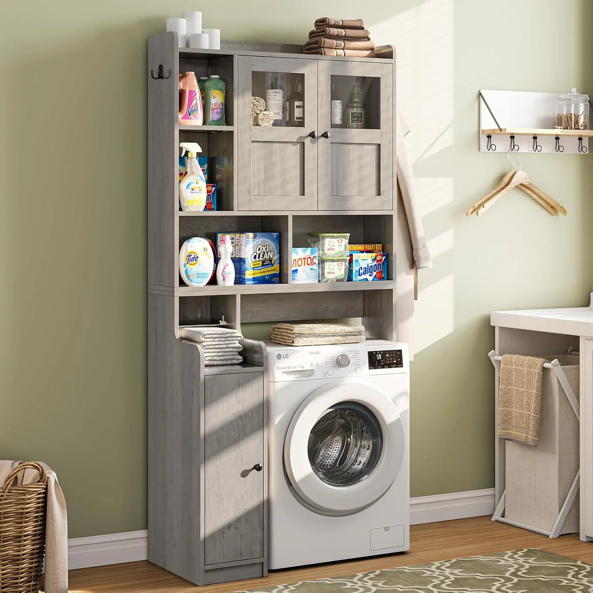 Over The Toilet Storage Cabinet with 3 Doors, Farmhouse Space Saver for Bathroom Organizer with Paper Holder, 10 Shelves and Hooks, 7-Tier Over Washing Machine Cabinet for Laundry, Bathroom, Natural