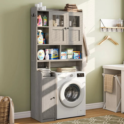 Over The Toilet Storage Cabinet with 3 Doors, Farmhouse Space Saver for Bathroom Organizer with Paper Holder, 10 Shelves and Hooks, 7-Tier Over Washing Machine Cabinet for Laundry, Bathroom, Natural