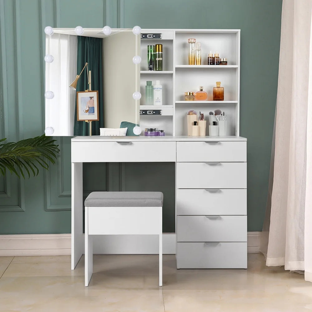 Resenkos Vanity Set with Mirror and 10LED Lights Makeup Vanity Desk Chair with 6 Drawers White
