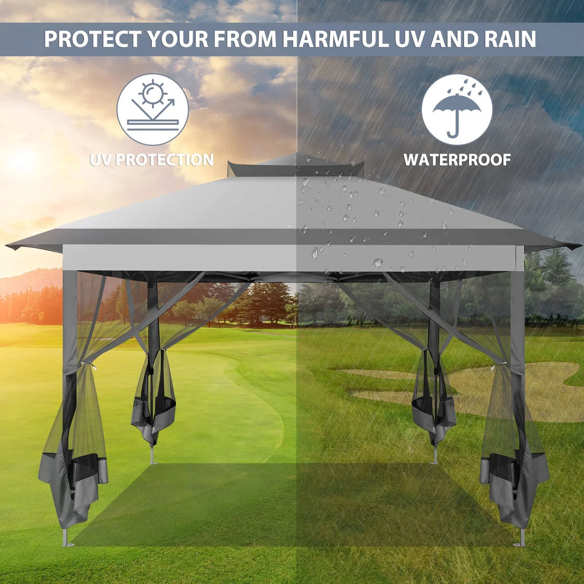 COBIZI 12x12 Outdoor Gazebo Pop Up Gazebo Canopy with Mosquito Netting Patio Tent Backyard Canopy with 2-Tiered Vented Top 3 Adjustable Height, Beige
