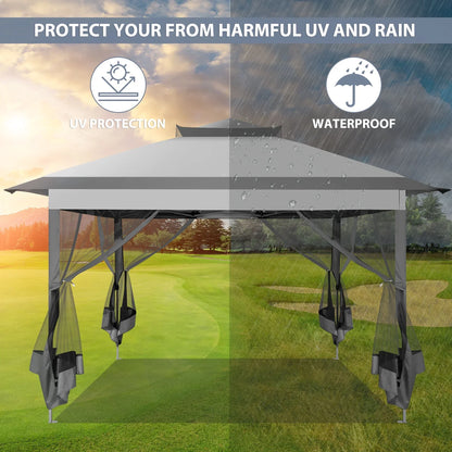 COBIZI 12x12 Outdoor Gazebo Pop Up Gazebo Canopy with Mosquito Netting Patio Tent Backyard Canopy with 2-Tiered Vented Top 3 Adjustable Height, Beige