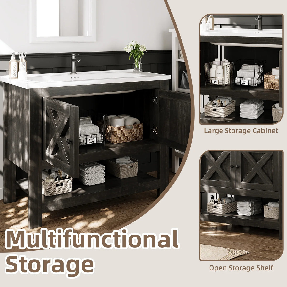 DreamCurship Bathroom Vanity with Sink Combo, 35'' Bathroom Storage Cabinet with Storage, Farmhouse Bathroom Vanity Cabinet with 2 Doors and Open Shelf, White