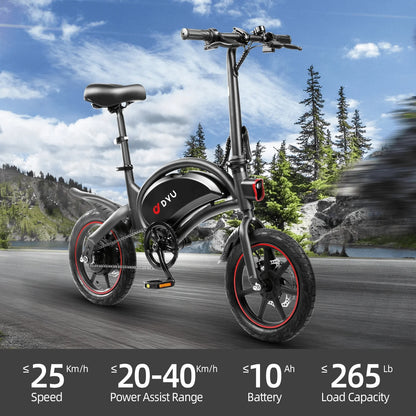 D DYU 14" Folding Electric Bike for Adults Teens, 15.5MPH Cruiser E Bike, 250W 36V/10AH, Pedal-Assist, Step-Through Frame Electric Commuter Bike, Complies to UL2849