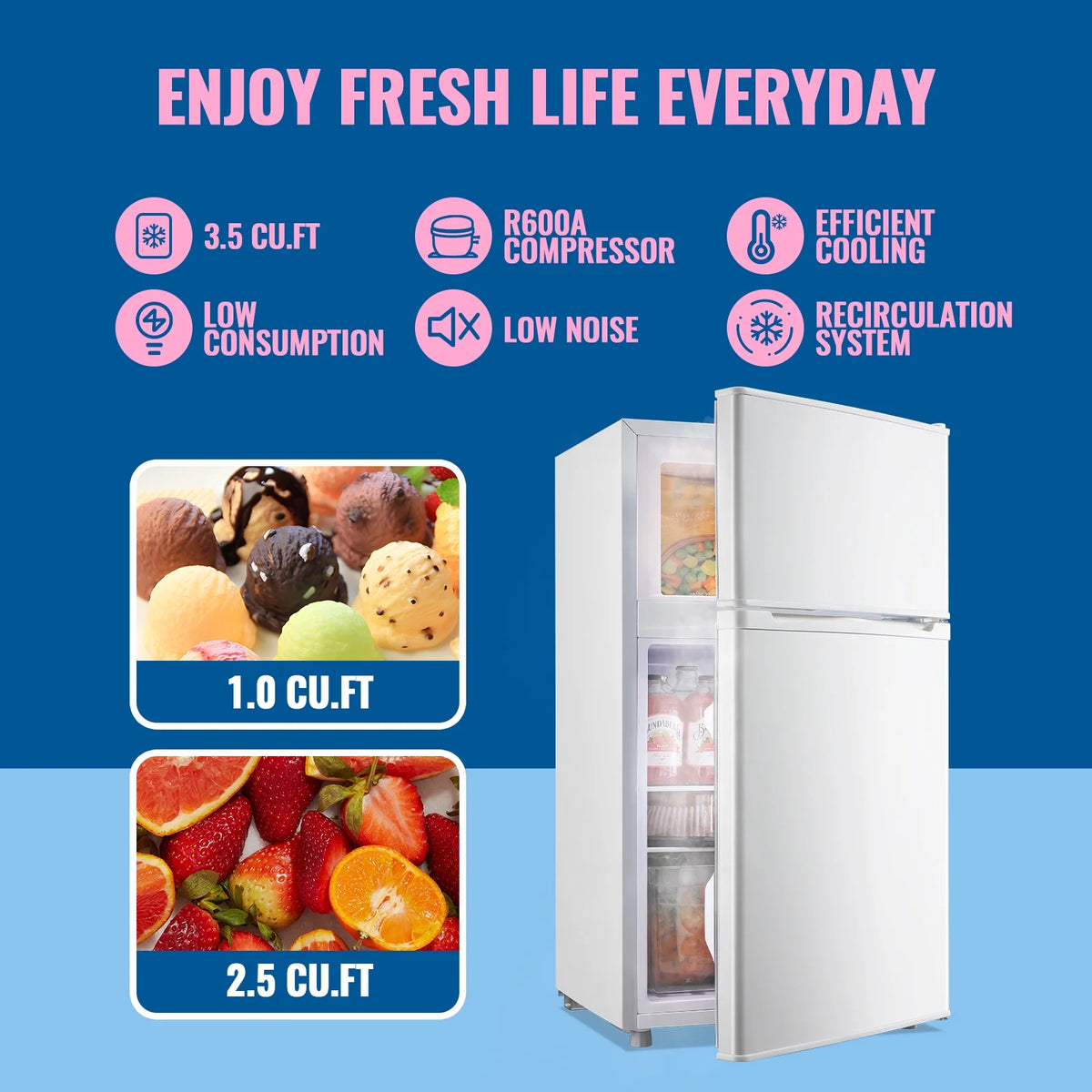 WANAI 3.5 Cubic feet Small Refrigerator with Freezer on Top Double Door Mini Fridge New White