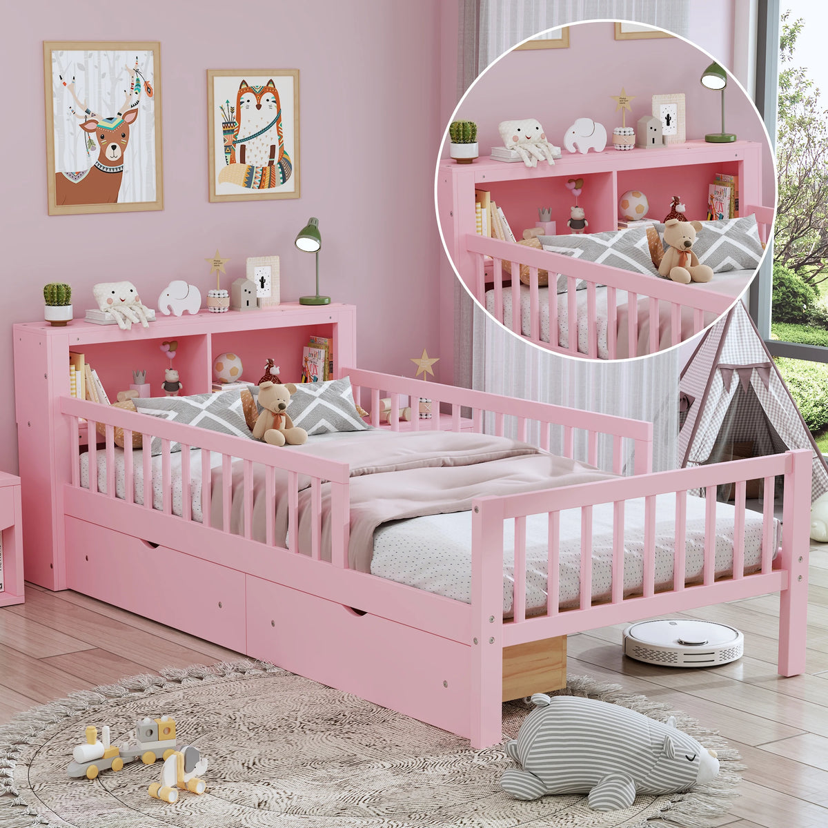 Euroco Wood Twin Size Platform Bed with Storage Headboard and Drawers, Low Profile Bed with Guardrails for Kids and Toddlers, White