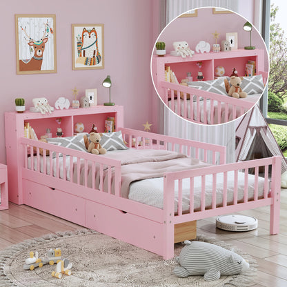 Euroco Wood Twin Size Platform Bed with Storage Headboard and Drawers, Low Profile Bed with Guardrails for Kids and Toddlers, White