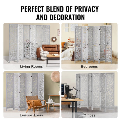 KFFKFF Wooden Space Separator, 6-Panel Foldable Privacy Barrier, 66.9 Inches High Indoor Engraved Partition Screen, Movable Decorative Panel, Ideal for Home, Office, Dining Area & Sleeping Quarters