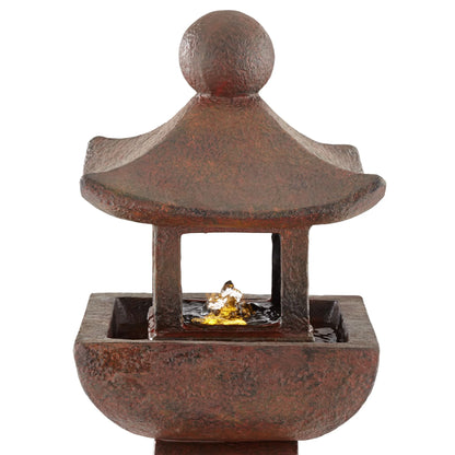 Pagoda 31" High Large Zen Japanese Indoor Outdoor Decor Rust Stone Floor Fountain with Light LED Outside