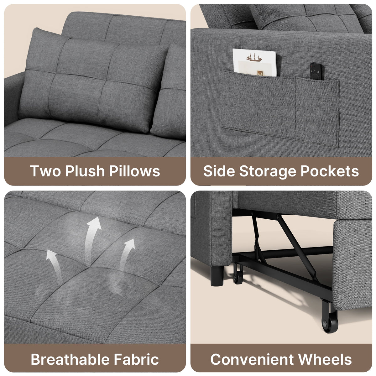 Sofa Bed, Lofka 3-in-1 Convertible Sleeper Sofa with Storage, Adjustable Backrest & Pull Out Function - Sleeper Chair for Small Space, Apartment, Dark Grey