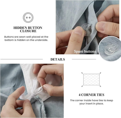 Simple&Opulence 100% Washed Linen Duvet Cover Set-3 Pieces Shabby Chic Premium Ruffled Bedding with 1 Comforter Cover and 2 Pillowshams France Flax High End Frill Sets Vintage Style(King, White)