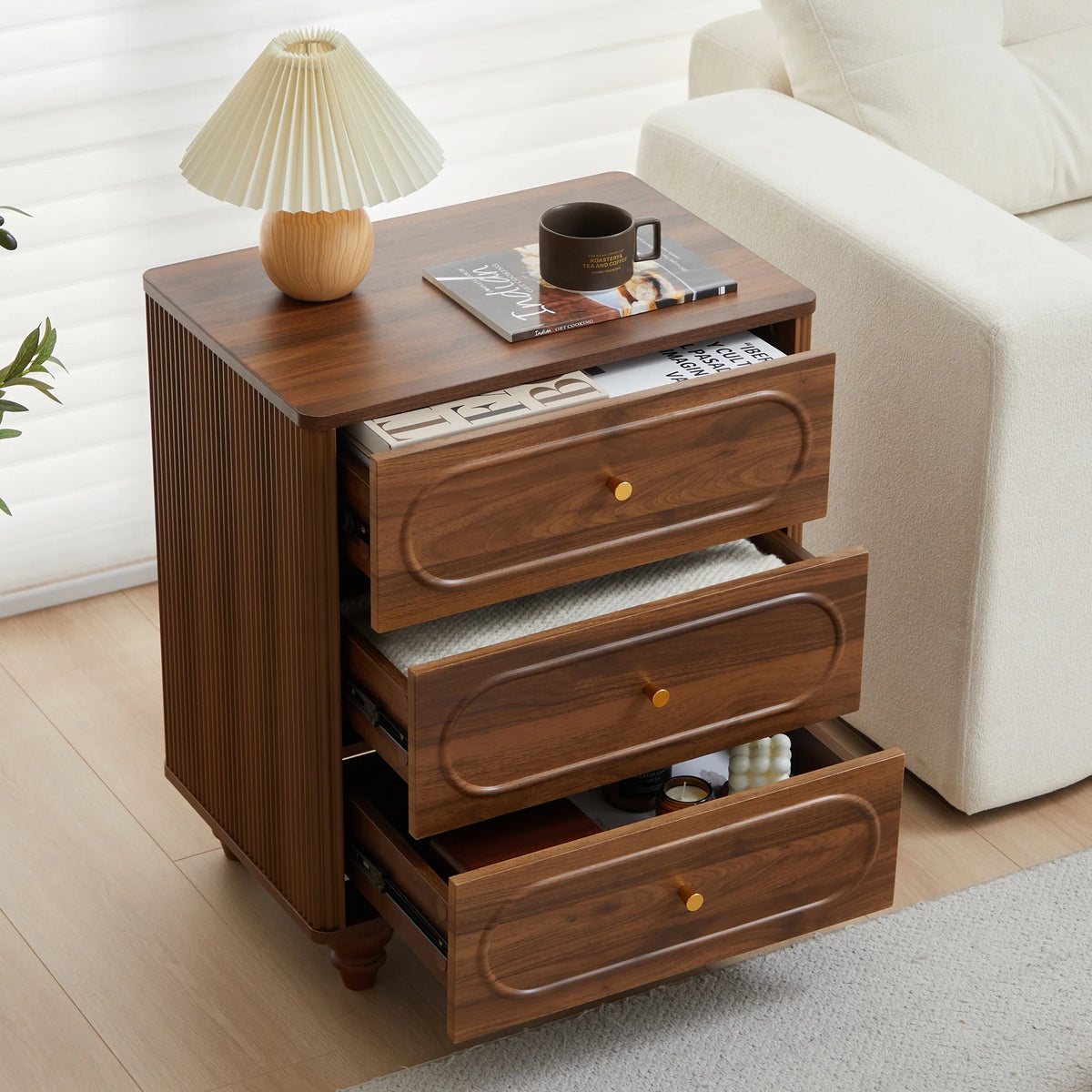 YOCWO 3 Drawer Nightstand, Classic Chest of Drawers with Arc Edge, Walnut