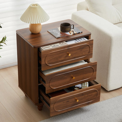 YOCWO 3 Drawer Nightstand, Classic Chest of Drawers with Arc Edge, Walnut