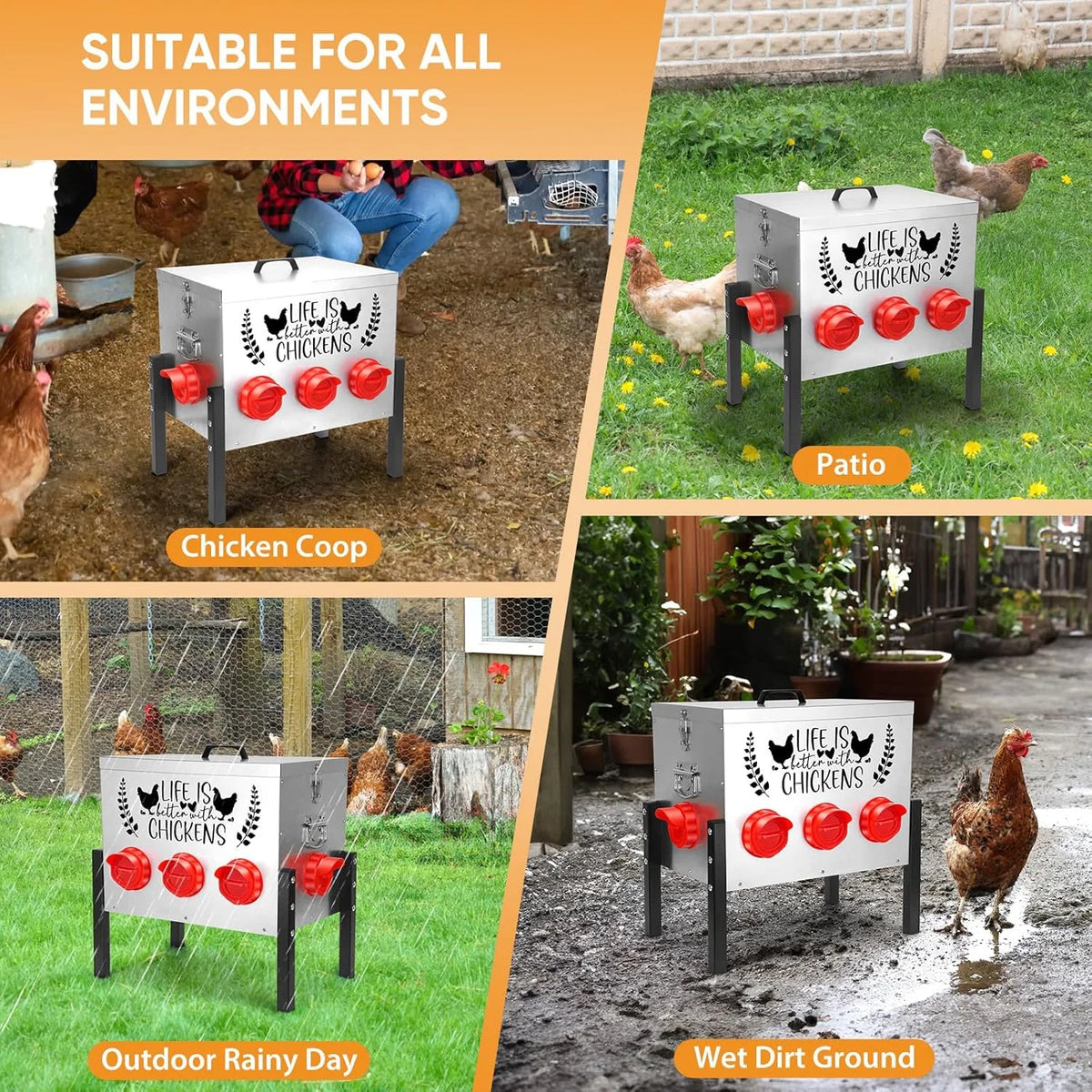 50LB Large Automatic Chicken Feeder �C 8 Feeding Ports, No-Waste Poultry Feeder, with Adjustable Legs & Locking Lid