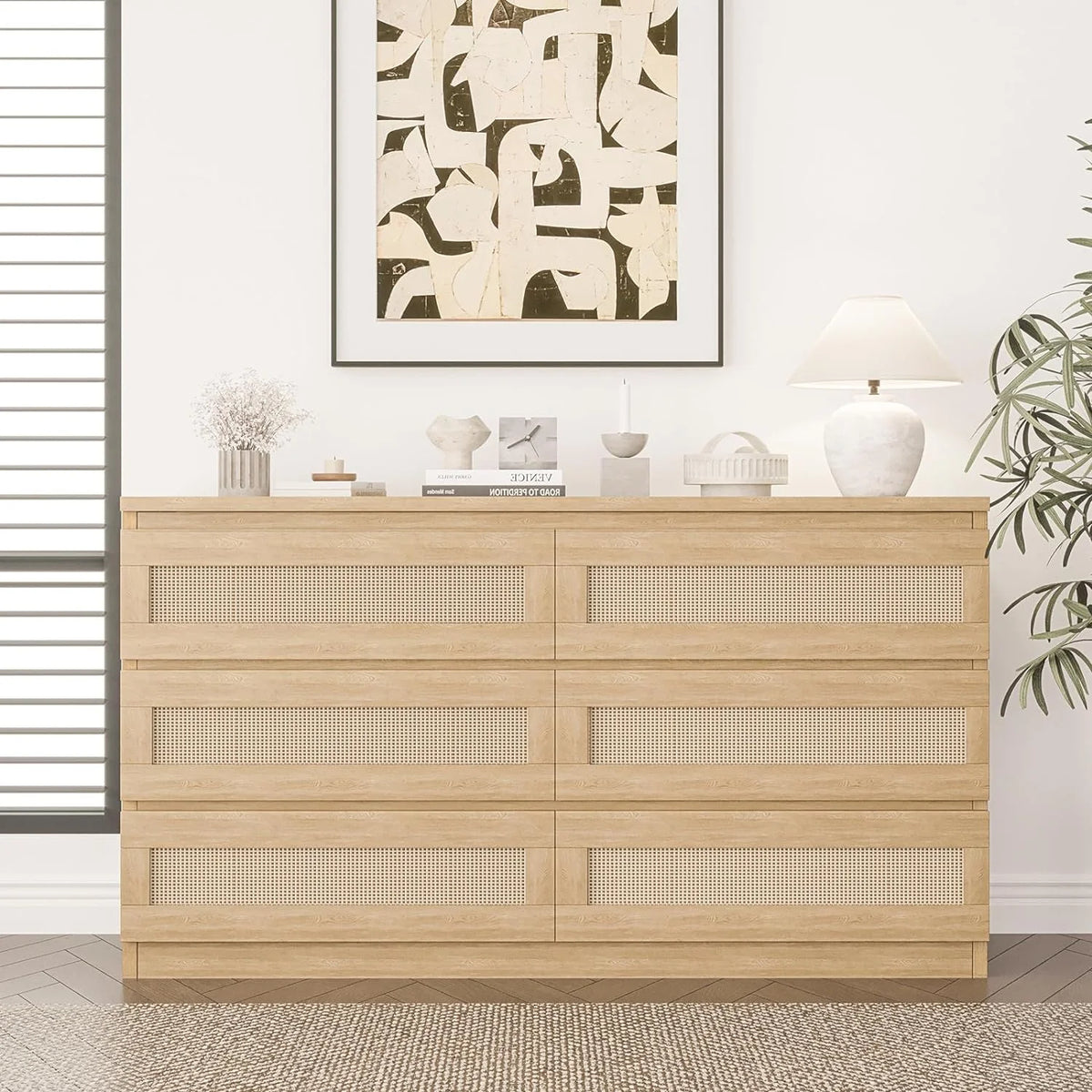 Jojoka 6-Drawers Rattan Dresser for Bedroom Chest of Drawers, TV Stand for 55" TV, Wood Top Storage Organizer Cabinet for Living Room, Entryway, Hallway, Natural