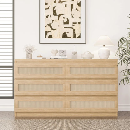 Jojoka 6-Drawers Rattan Dresser for Bedroom Chest of Drawers, TV Stand for 55" TV, Wood Top Storage Organizer Cabinet for Living Room, Entryway, Hallway, Natural