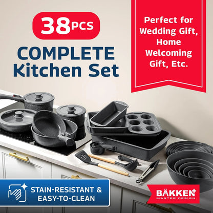 Bakken Master 38 Piece Granite Cookware and Bakeware Set �C Nonstick Granite Coating, Pots and Pans with Detachable Handles and Tempered Glass Lids, 6-piece Bakeware set, 12-piece Mixing Bowls,Brown