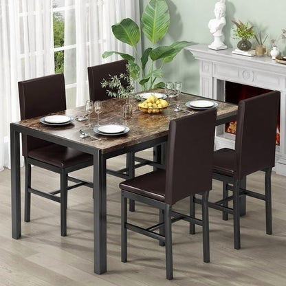 AWQM Dining Table Set of 4, Faux Marble 5 Piece Dining Room Table Set with PU Leather Chairs, Rectangular Kitchen Table Set for Apartment, Dining, White