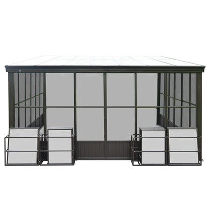 TOTAL Outdoor 10'x12' All-Season Sunroom Gazebo with Steel Roof, PVC Screen, Front & Side Door, Brown